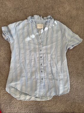 The Shirt by Rochelle Behrens Light Blue Striped Button-Front Ruffle Collar Top